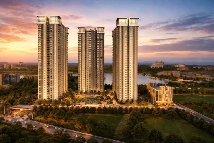 Scenic lake view facing three luxury high-rise towers at sunset