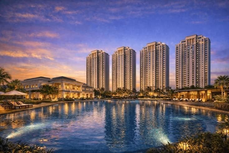 Lagoon swimming pool reflecting luxury clubhouse and residential towers
